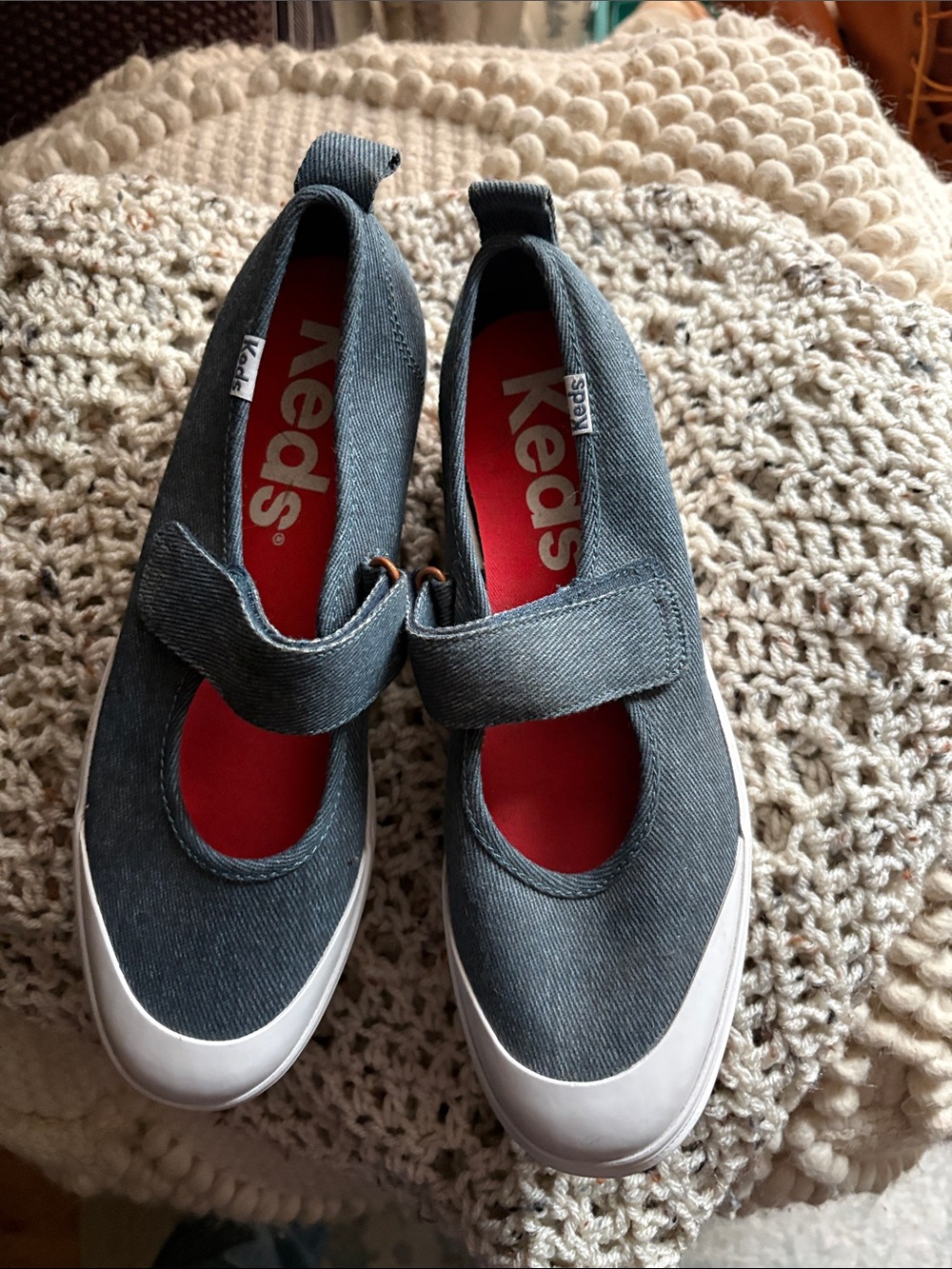 Keds Women’s Mary Jane Sneakers in Denim Blue with Red Insole